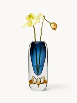 Jarrones|Jarrones></noscript>Westwing Collection Jarrón de vidrio soplado Tyron, 33 cm Azul oscuro, ocre, transparente