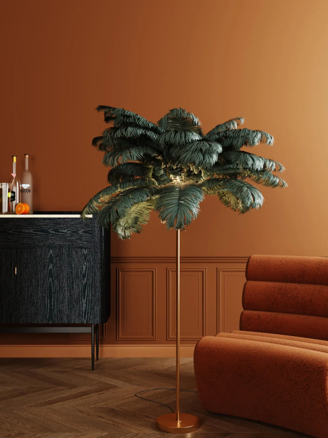 Lámparas De Pie|Lámparas De Techo>Kare Design Lámpara de pie Feather Palm Pantalla: verdeEstructura: doradoCable: transparente