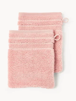 Toallas|Mantas>Westwing Collection Manoplas de baño con borde a rayas Luxe, 2 uds. Melocotón