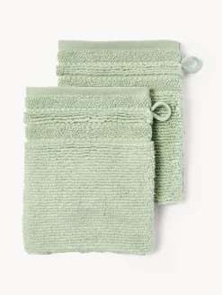 Toallas|Mantas>Westwing Collection Manoplas de baño con borde a rayas Luxe, 2 uds. Verde salvia