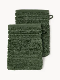 Toallas|Mantas>Westwing Collection Manoplas de baño con borde a rayas Luxe, 2 uds. Verde oscuro
