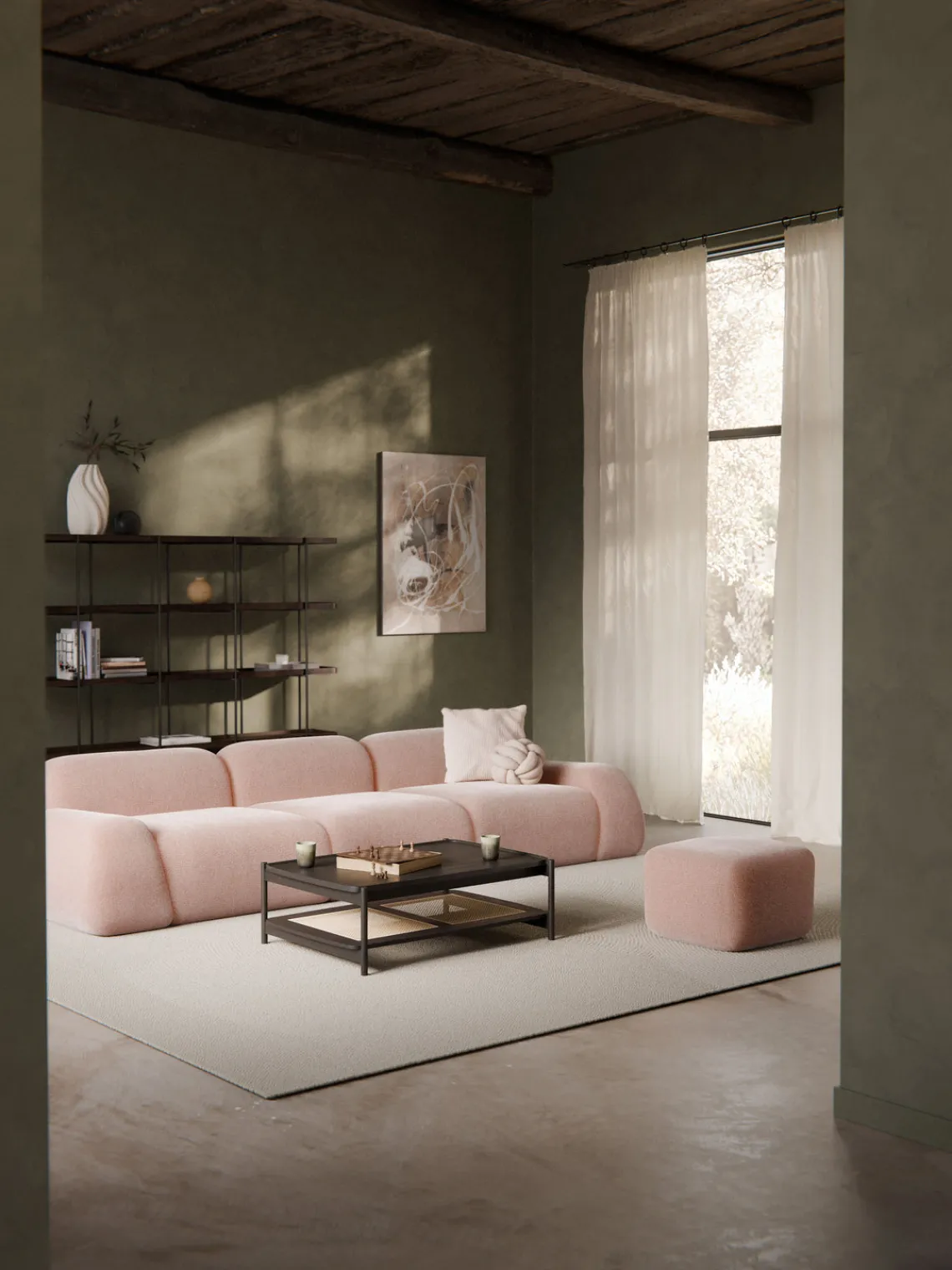 Sofás>Westwing Collection Módulo central artesanal Wolke Tejido de terciopelo rosa claro