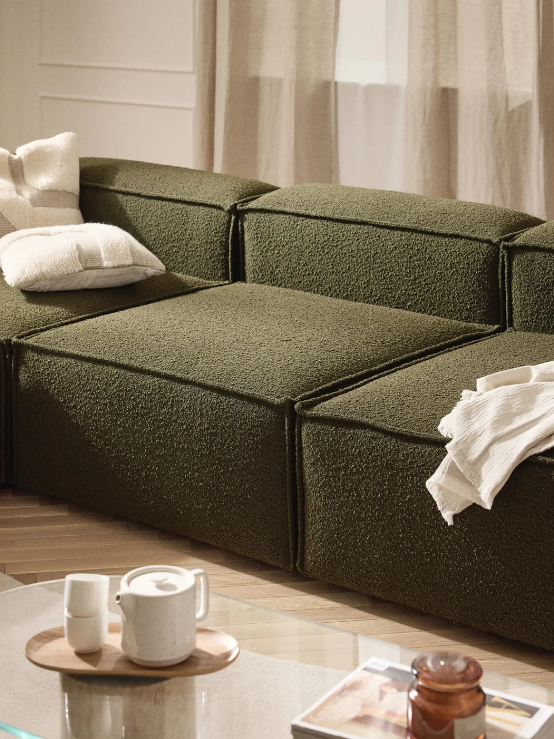 Sofás>Westwing Collection Módulo central en tejido bouclé Lennon Bouclé verde oliva