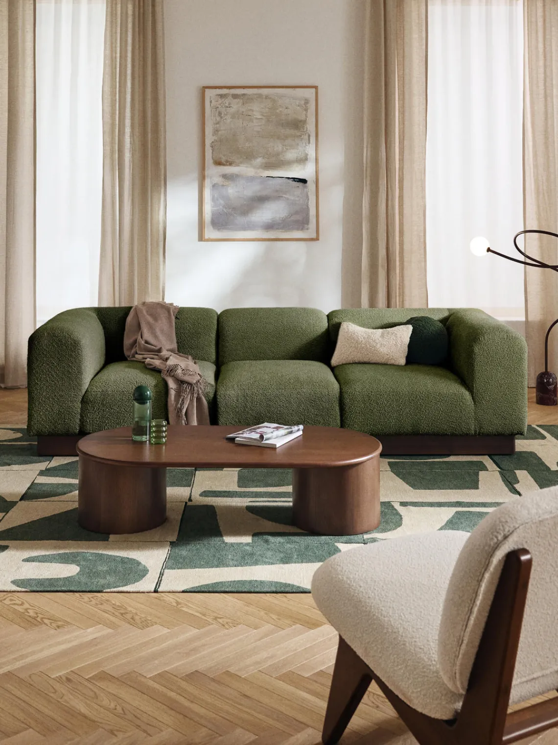 Sofás>Westwing Collection Módulo central sofá de borreguillo bouclé Natalie Borreguillo bouclé verde oscuro, madera de haya oscura