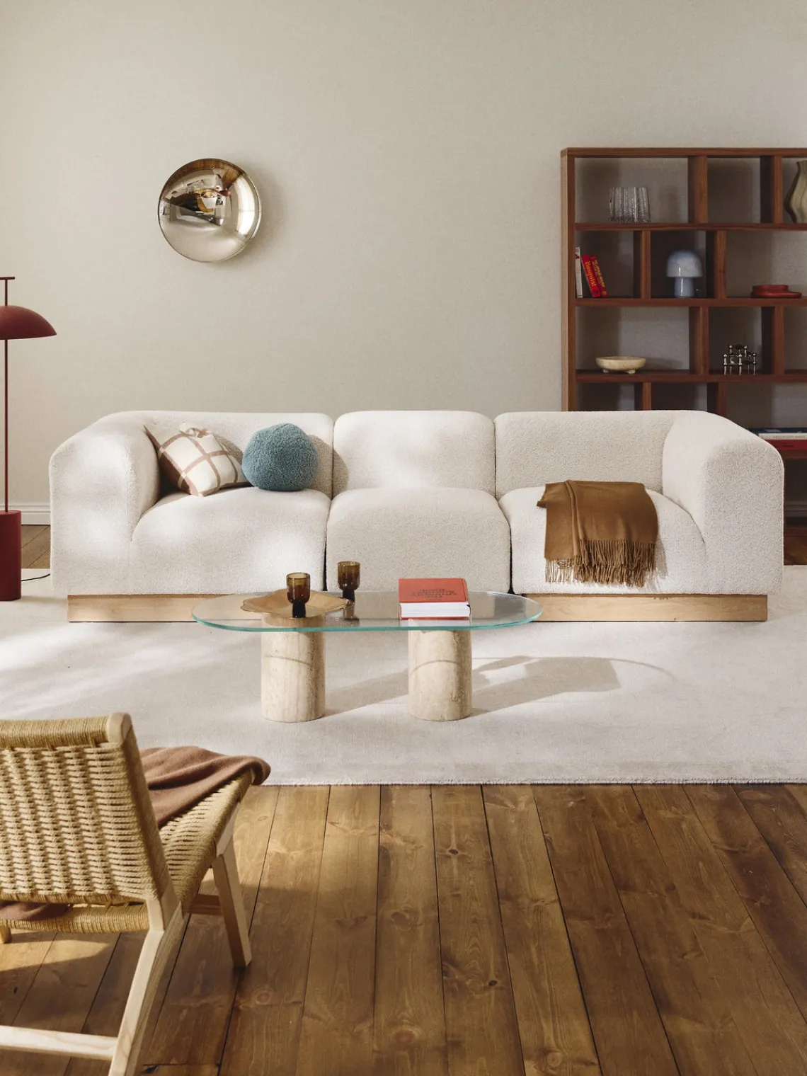 Sofás>Westwing Collection Módulo central sofá de borreguillo bouclé Natalie Borreguillo bouclé blanco Off White, madera de haya clara