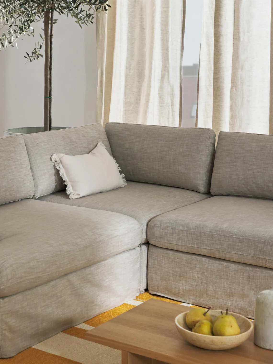 Sofás>Westwing Collection Módulo de esquina con tapizado desenfundable Russell Tejido beige claro jaspeado