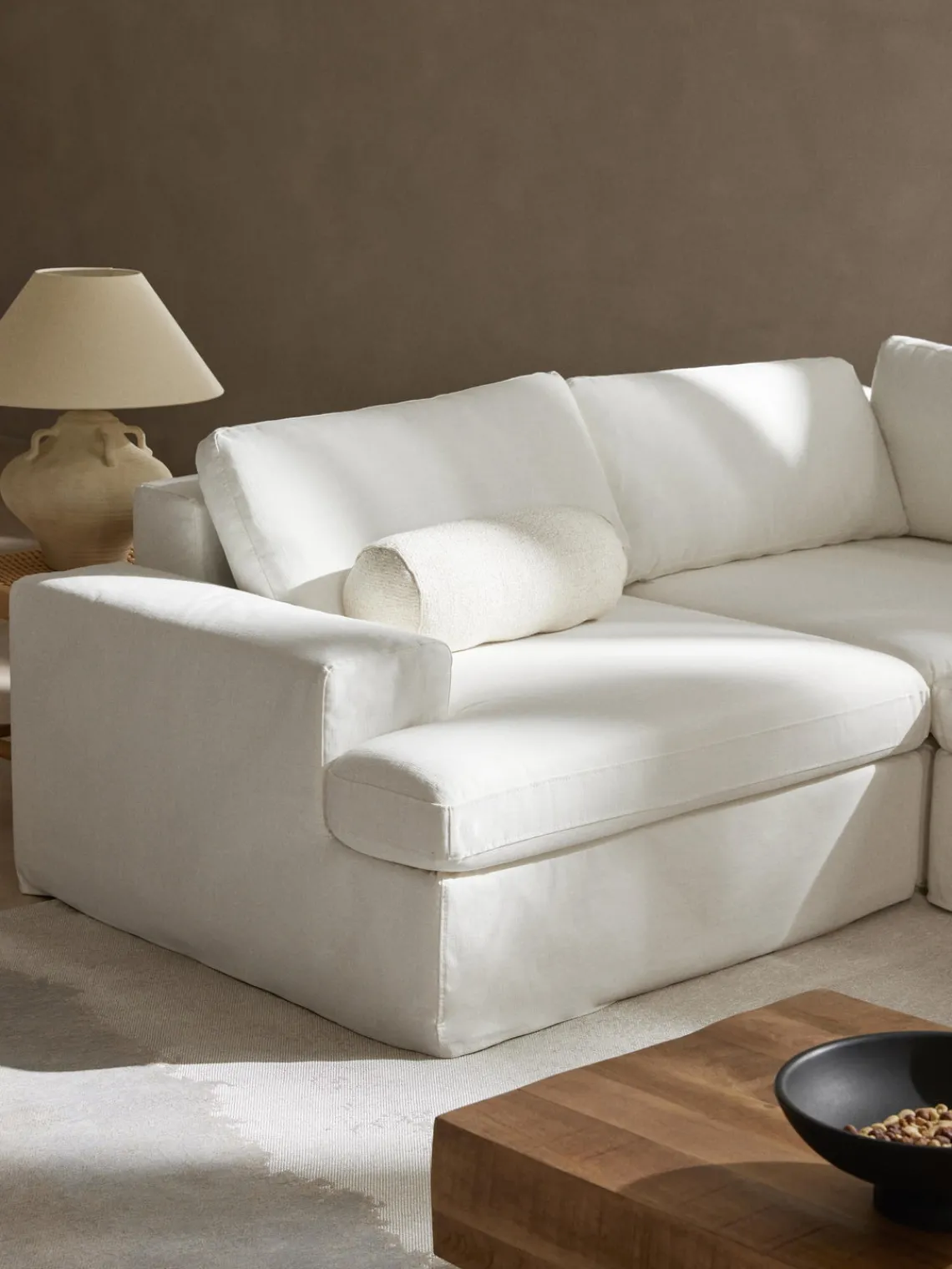 Sofás>Westwing Collection Módulo de esquina con tapizado desenfundable Russell Tejido blanco Off White jaspeado