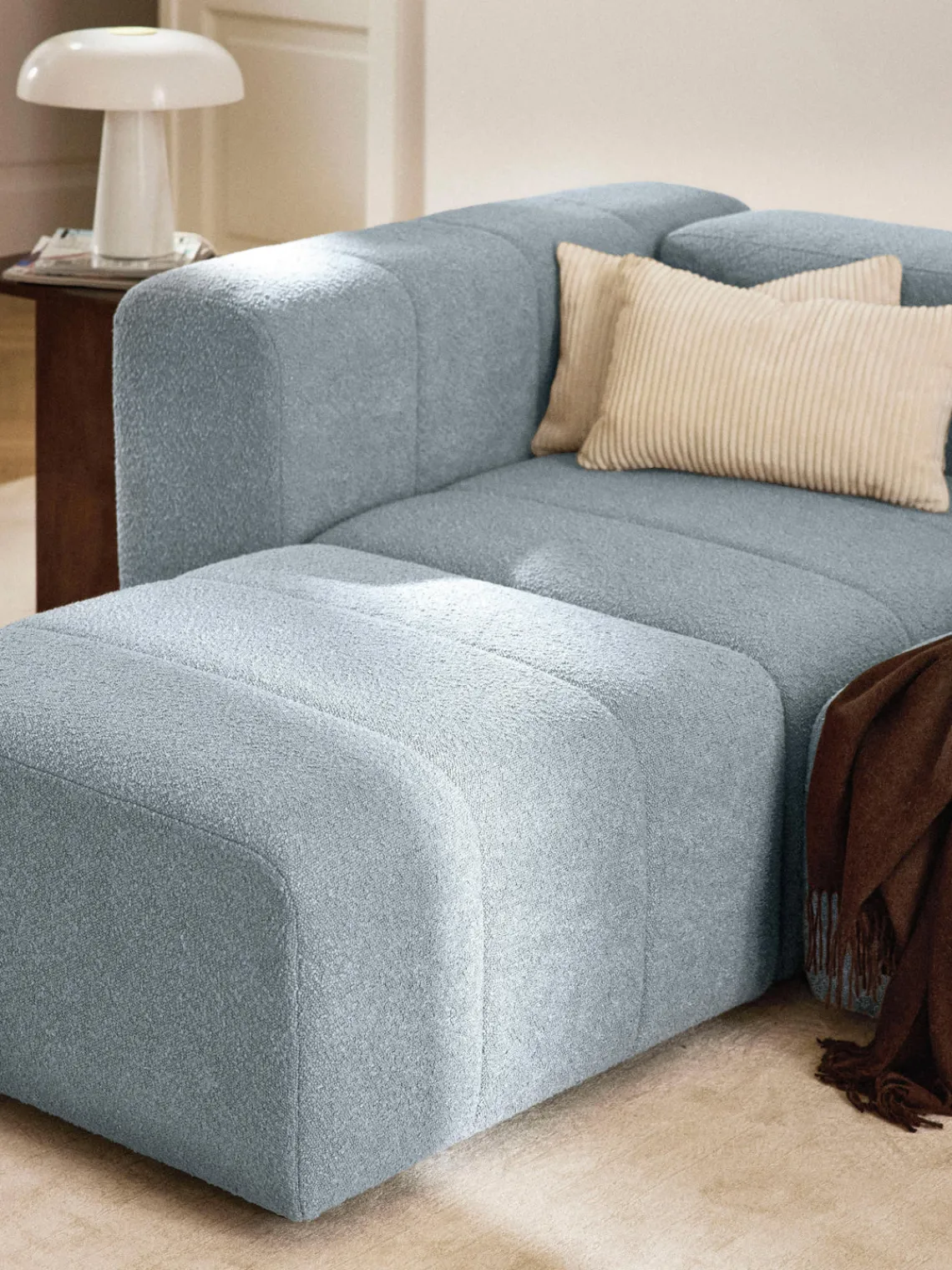 Sofás>Westwing Collection Módulo de esquina en tejido bouclé Lena Bouclé azul claro