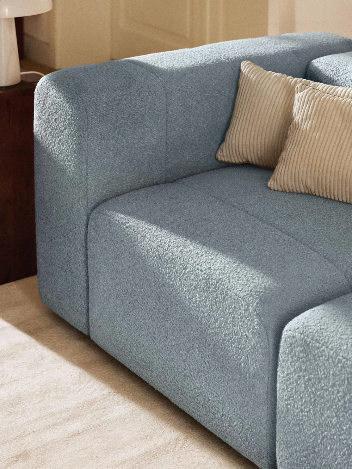 Sofás>Westwing Collection Módulo de esquina en tejido bouclé Lena Bouclé azul claro