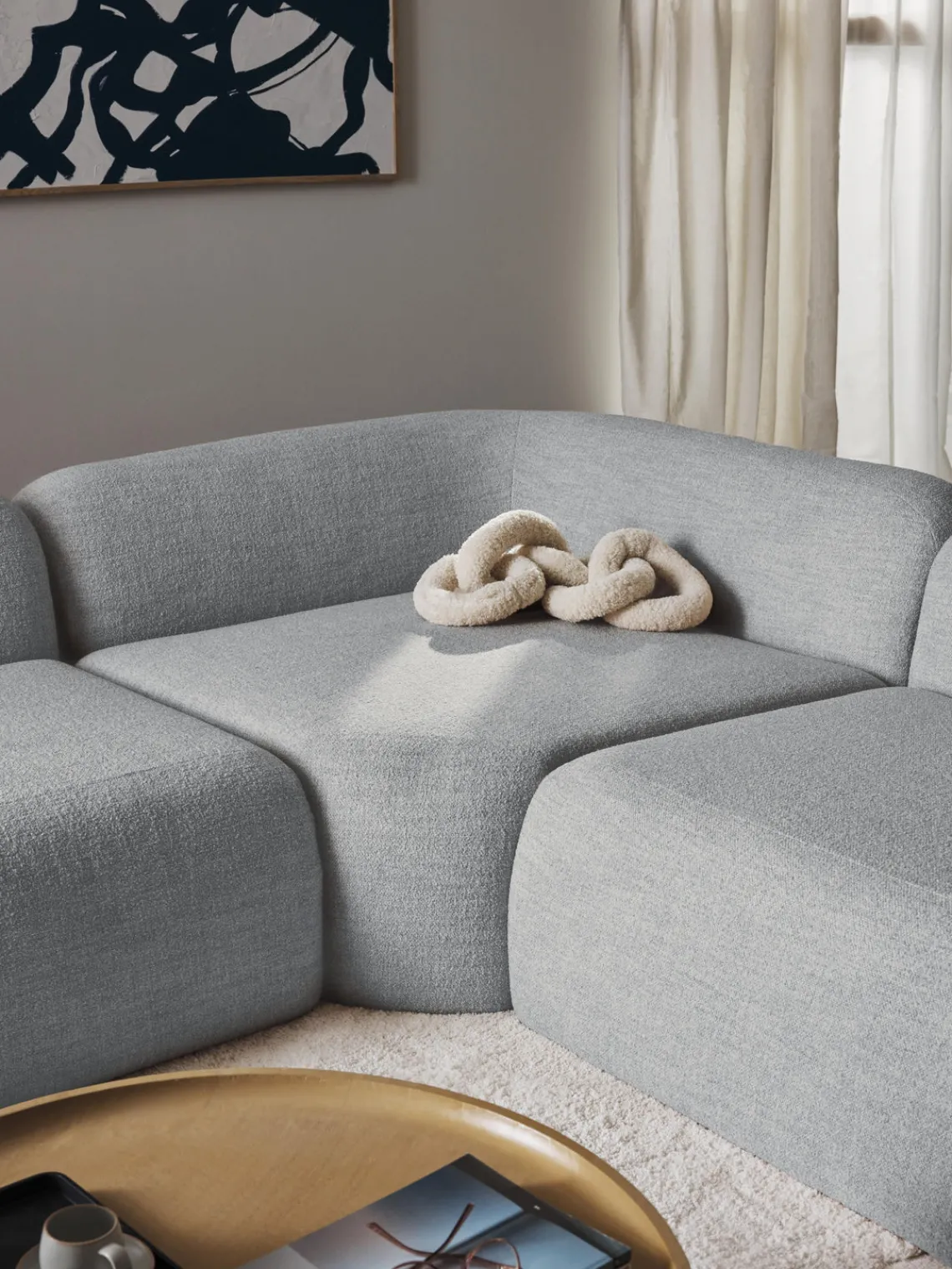 Sofás>Westwing Collection Módulo de esquina redondo en tejido bouclé Wolke Bouclé azul claro