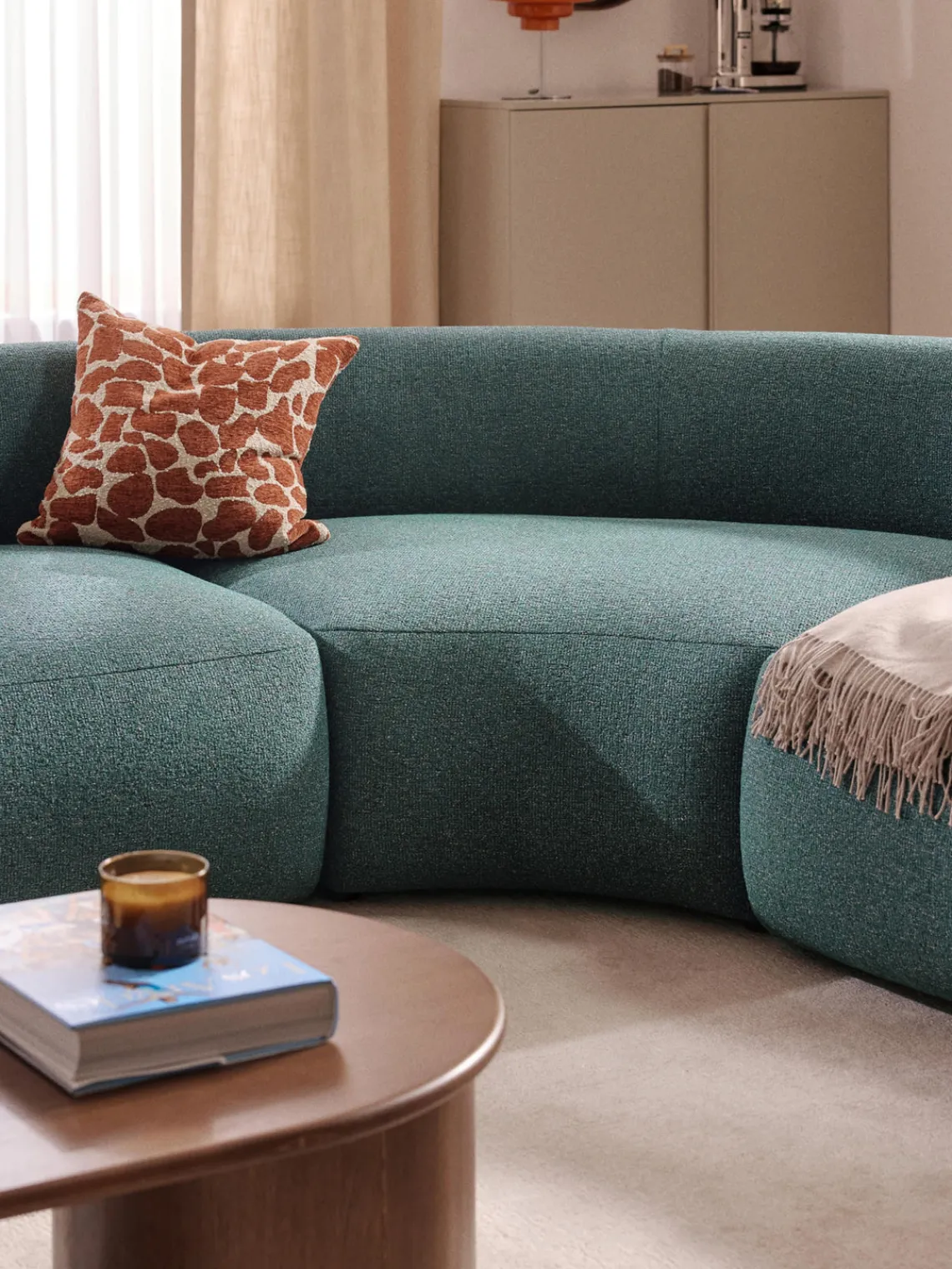 Sofás>Westwing Collection Módulo de esquina redondo en tejido bouclé Sofia Bouclé jaspeado, azul petróleo