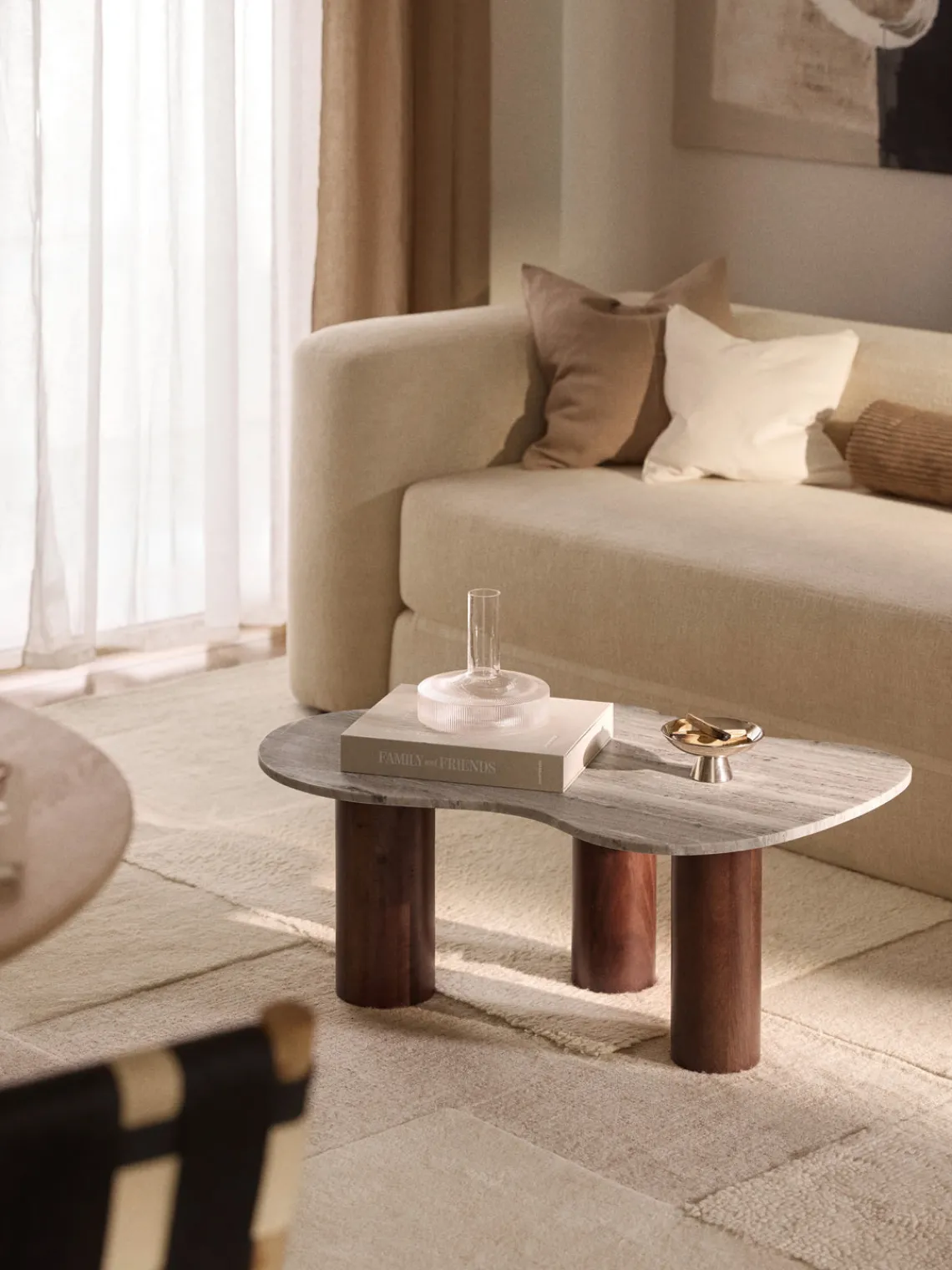 Mesas De Centro|Mesas De Centro>Westwing Collection Mesa de centro de mármol con forma orgánica Naruto, pequeña Madera de mango, beige