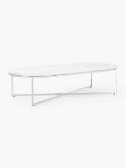 Mesas De Centro|Mesas De Centro>Westwing Collection Mesa de centro ovalada con tablero de vidrio en look mármol Antigua Aspecto mármol blanco, plateado brillante