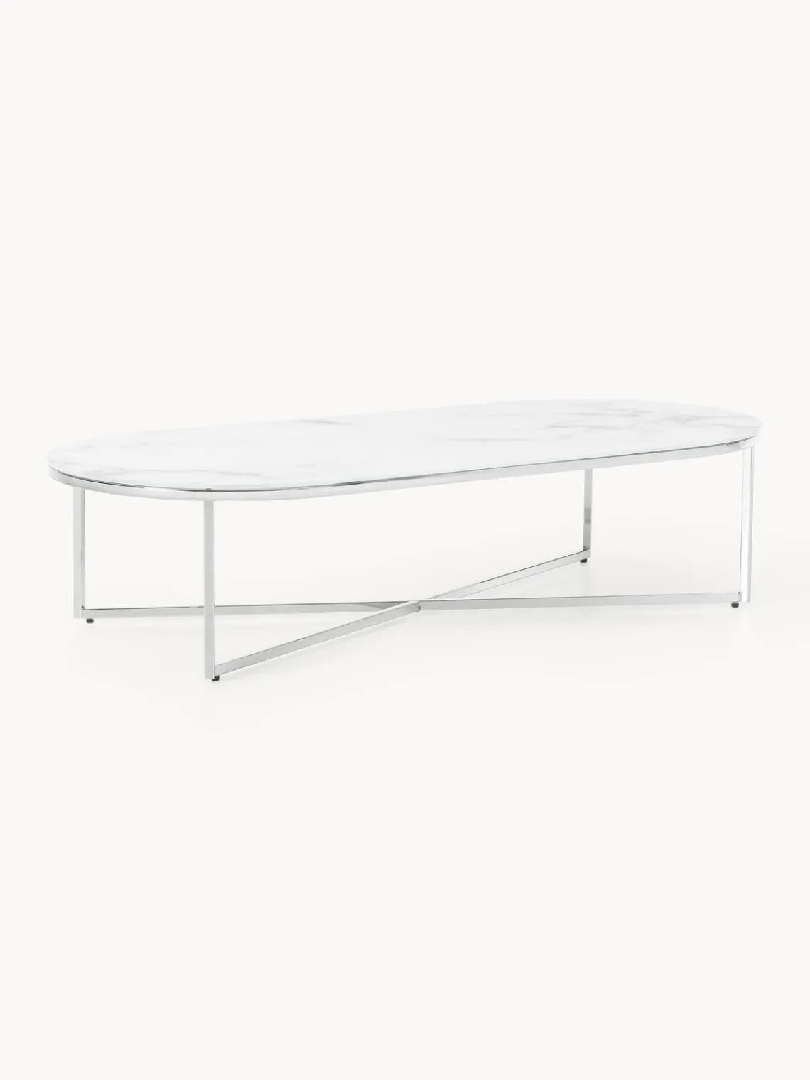 Mesas De Centro|Mesas De Centro>Westwing Collection Mesa de centro ovalada con tablero de vidrio en look mármol Antigua Aspecto mármol blanco, plateado brillante