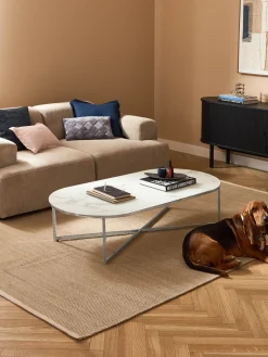 Mesas De Centro|Mesas De Centro>Westwing Collection Mesa de centro ovalada con tablero de vidrio en look mármol Antigua Aspecto mármol blanco, plateado brillante