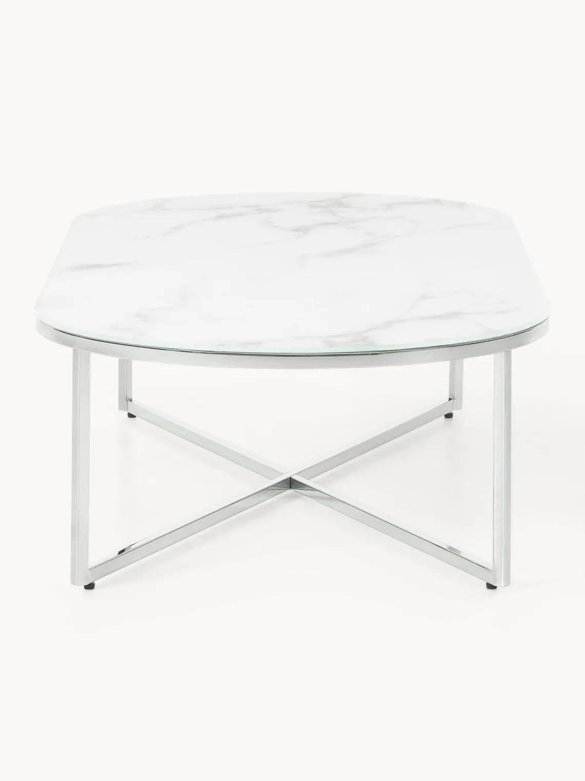 Mesas De Centro|Mesas De Centro>Westwing Collection Mesa de centro ovalada con tablero de vidrio en look mármol Antigua Aspecto mármol blanco, plateado brillante