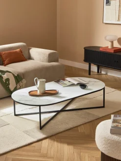 Mesas De Centro|Mesas De Centro>Westwing Collection Mesa de centro ovalada con tablero de vidrio en look mármol Antigua Aspecto mármol blanco, negro brillante