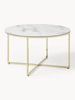 Mesas De Centro|Mesas De Centro>Westwing Collection Mesa de centro redonda con tablero de vidrio en look mármol Antigua Aspecto mármol blanco, dorado brillante