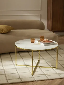 Mesas De Centro|Mesas De Centro>Westwing Collection Mesa de centro redonda con tablero de vidrio en look mármol Antigua Aspecto mármol blanco, dorado brillante