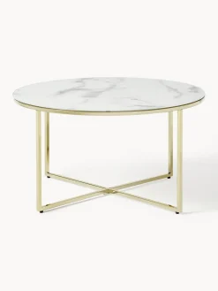 Mesas De Centro|Mesas De Centro></noscript>Westwing Collection Mesa de centro redonda con tablero de vidrio en look mármol Antigua Aspecto mármol blanco, dorado brillante
