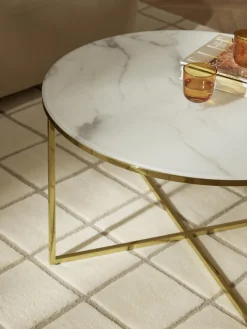 Mesas De Centro|Mesas De Centro></noscript>Westwing Collection Mesa de centro redonda con tablero de vidrio en look mármol Antigua Aspecto mármol blanco, dorado brillante