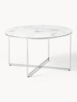 Mesas De Centro|Mesas De Centro>Westwing Collection Mesa de centro redonda con tablero de vidrio en look mármol Antigua Aspecto mármol blanco, plateado brillante