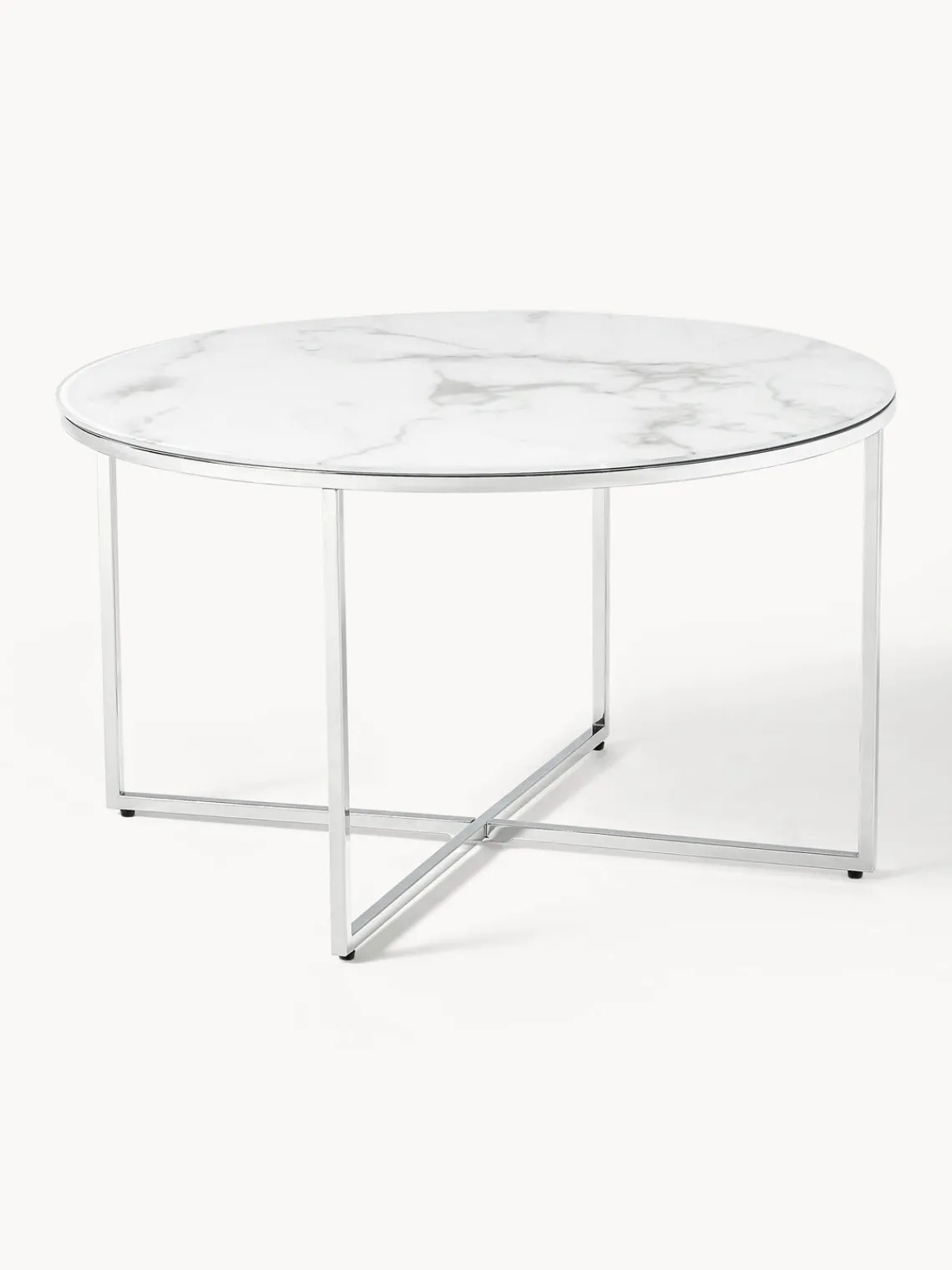Mesas De Centro|Mesas De Centro>Westwing Collection Mesa de centro redonda con tablero de vidrio en look mármol Antigua Aspecto mármol blanco, plateado brillante