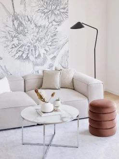 Mesas De Centro|Mesas De Centro>Westwing Collection Mesa de centro redonda con tablero de vidrio en look mármol Antigua Aspecto mármol blanco, plateado brillante