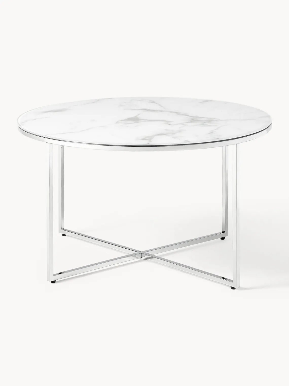Mesas De Centro|Mesas De Centro>Westwing Collection Mesa de centro redonda con tablero de vidrio en look mármol Antigua Aspecto mármol blanco, plateado brillante