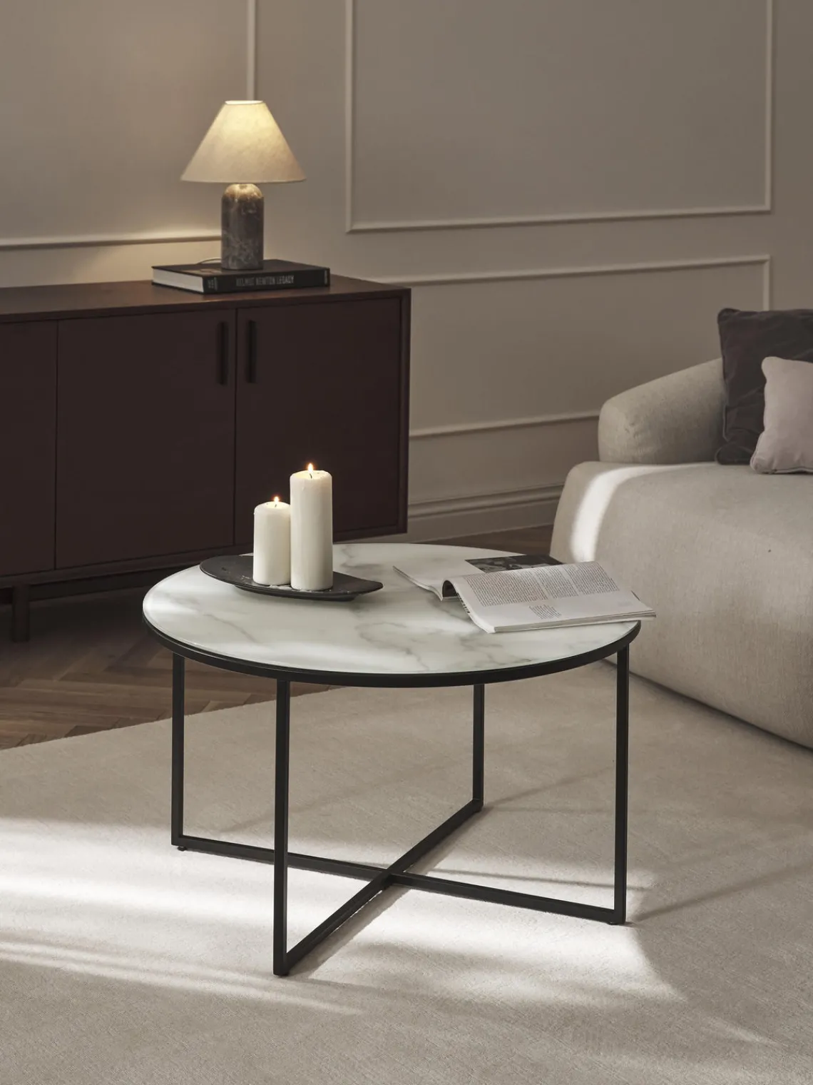 Hot Mesa de centro redonda con tablero de vidrio en look mármol Antigua Mesas De Centro|Mesas De Centro