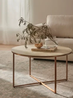 Mesas De Centro|Mesas De Centro>Westwing Collection Mesa de centro redonda con tablero de vidrio en look mármol Antigua Aspecto mármol beige, latón mate