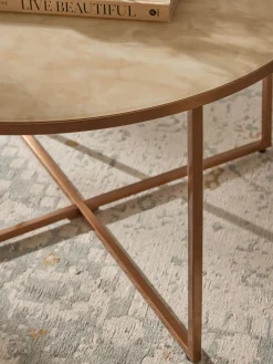 Mesas De Centro|Mesas De Centro></noscript>Westwing Collection Mesa de centro redonda con tablero de vidrio en look mármol Antigua Aspecto mármol beige, latón mate