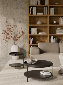 Mesas De Centro|Mesas De Centro>Westwing Collection Mesa de centro redonda de madera Renee Aspecto mármol blanco, madera de roble lacada en negro