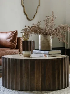 Clearance Mesa de centro redonda de madera de mango con tablero de travertino Cascia Mesas De Centro|Mesas De Centro