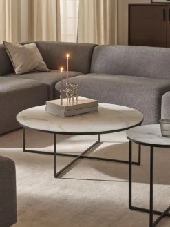 Mesas De Centro|Mesas De Centro>Westwing Collection Mesa de centro redonda grande con tablero de vidrio en look mármol Antigua Aspecto mármol blanco, negro