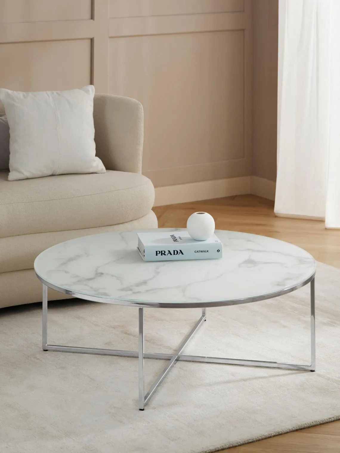 Hot Mesa de centro redonda grande con tablero de vidrio en look mármol Antigua Mesas De Centro|Mesas De Centro