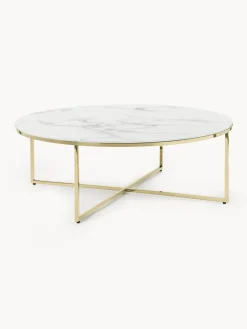 Mesas De Centro|Mesas De Centro>Westwing Collection Mesa de centro redonda grande con tablero de vidrio en look mármol Antigua Aspecto mármol blanco, dorado brillante