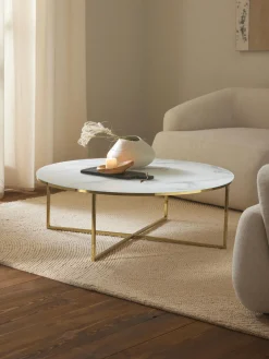 Mesas De Centro|Mesas De Centro>Westwing Collection Mesa de centro redonda grande con tablero de vidrio en look mármol Antigua Aspecto mármol blanco, dorado brillante