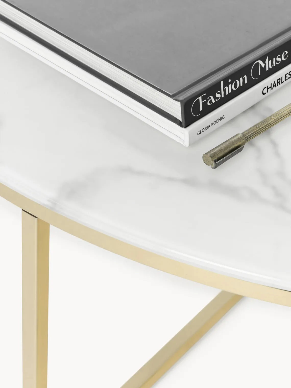 Mesas De Centro|Mesas De Centro>Westwing Collection Mesa de centro redonda grande con tablero de vidrio en look mármol Antigua Aspecto mármol blanco, dorado brillante