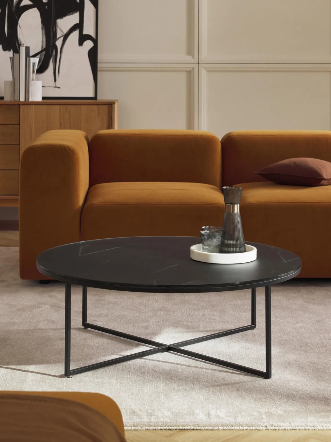 Hot Mesa de centro redonda grande con tablero de vidrio en look mármol Antigua Mesas De Centro|Mesas De Centro