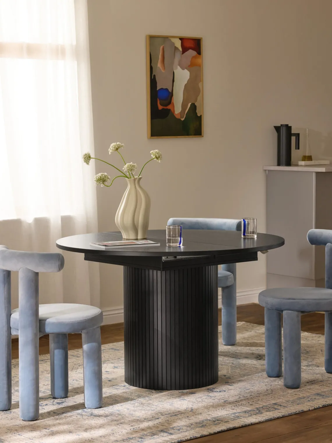 Mesas De Comedor|Mesas De Comedor>Westwing Collection Mesa de comedor extensible acanalada Filo, 120 - 160 x 75 cm Madera de roble lacada en negro