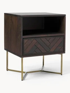 Mesitas De Noche|Mesitas De Noche>Westwing Collection Mesita de noche de madera de mango con diseño espiga Luca Madera de mango, dorado