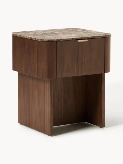 Mesitas De Noche|Mesitas De Noche>Westwing Collection Mesita de noche de madera con tablero de mármol Zumi Madera de nogal lacada, mármol marrón