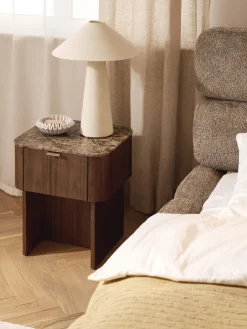 Mesitas De Noche|Mesitas De Noche>Westwing Collection Mesita de noche de madera con tablero de mármol Zumi Madera de nogal lacada, mármol marrón