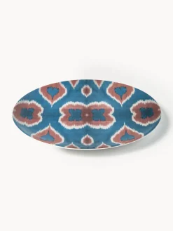 Platos Llanos|Vajillas Completas></noscript>Les Ottomans Plato llano artesanal de porcelana Ikat Azul, rojo óxido, blanco