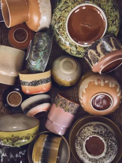 Platos Hondos|Vajillas Completas>HKLIVING Platos hondos artesanales con esmalte reactivo 70's, 2 uds. Rosa claro, ocre, tonos verdes, beige