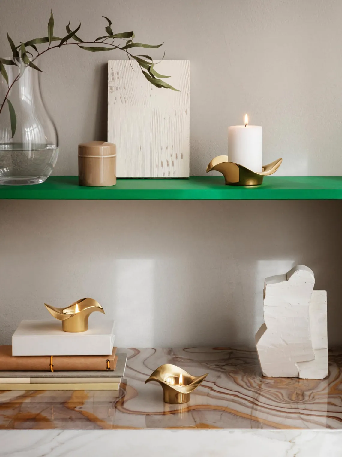 Portavelas|Jarrones>GEORG JENSEN Portavelas de acero inoxidable con forma orgánica Cobra, 2 uds. Dorado pulido espejo