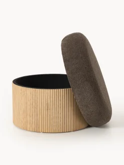 Pufs Y Otomanos|Pufs Y Otomanos>Westwing Collection Puf grande tapizado en borreguillo bouclé con espacio de almacenamiento Nala Tejido borreguillo bouclé taupe, madera de fresno clara