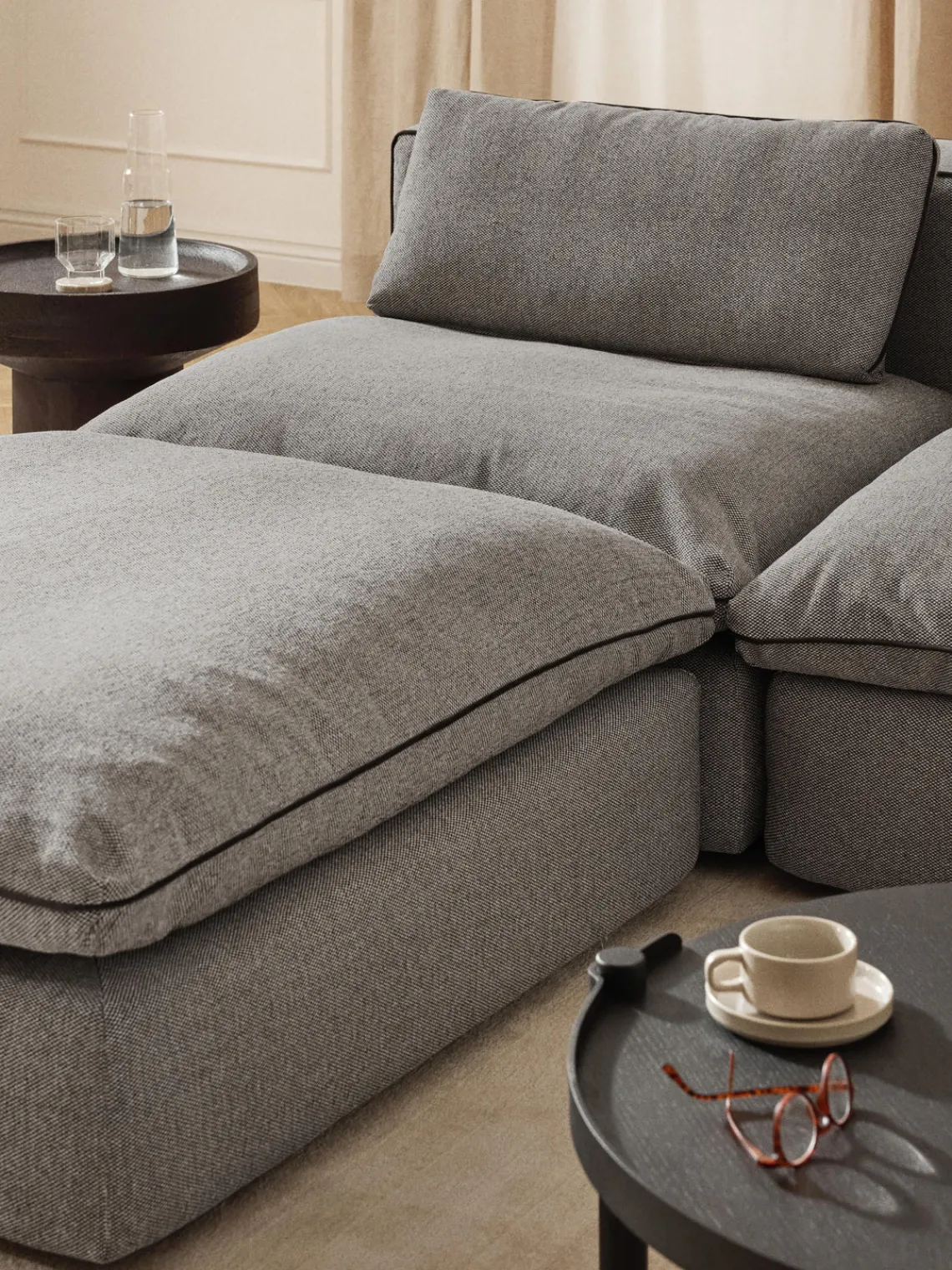 Reposapiés|Sofás>Westwing Collection Puf reposapiés Felix Tejido grueso gris oscuro