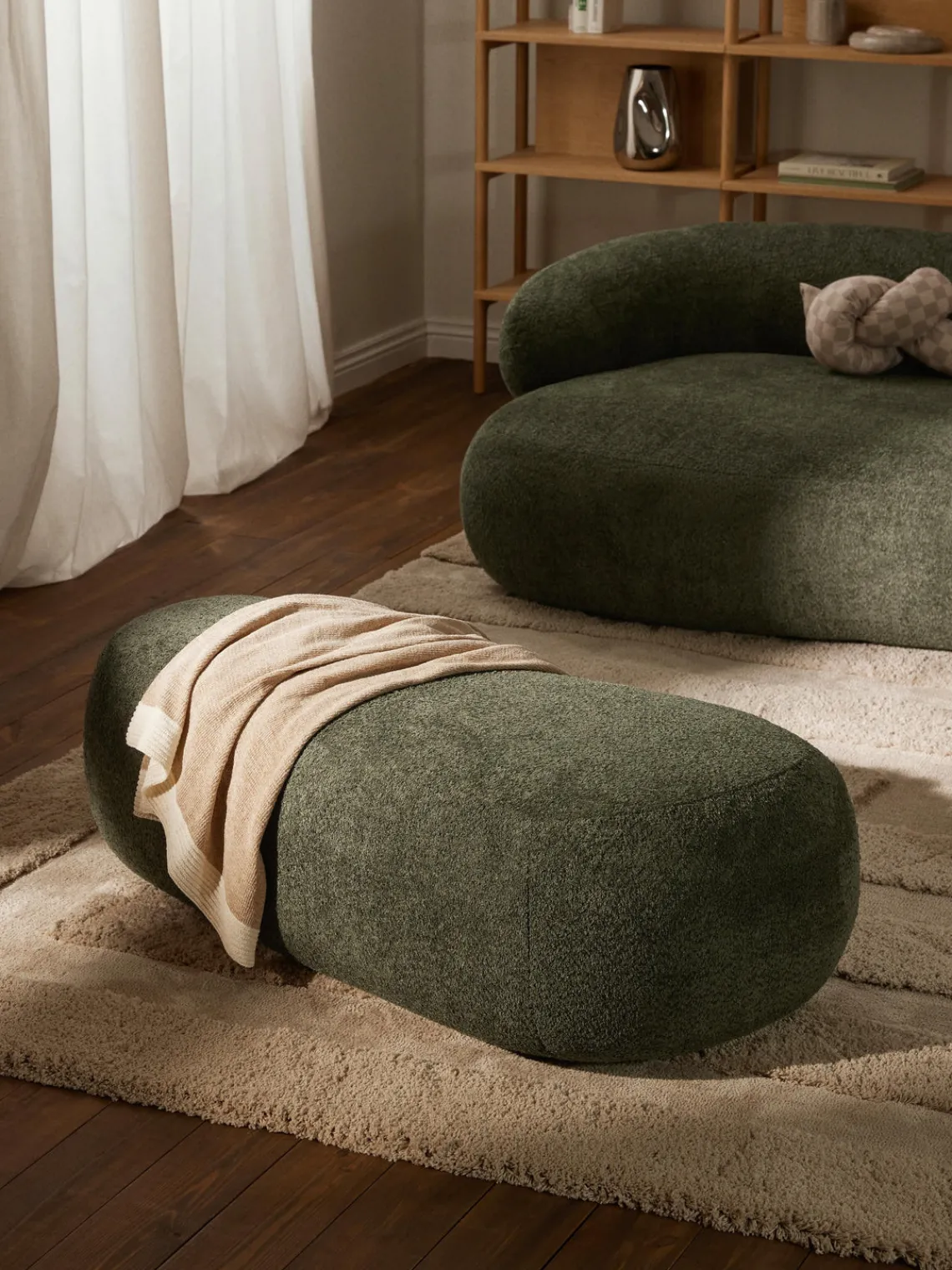 Reposapiés|Sofás>Westwing Collection Puf reposapiés grande de borreguillo bouclé Alba Borreguillo bouclé verde oscuro